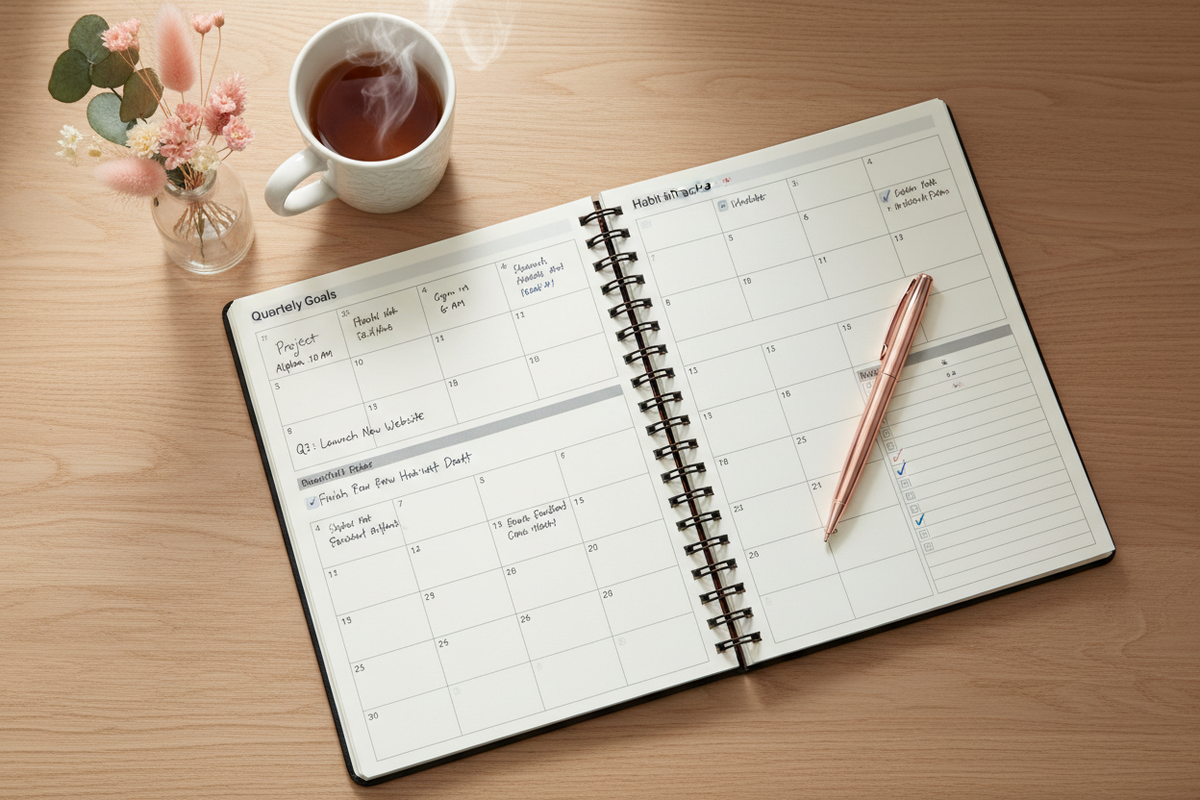 The Monthly Reset printable planner lifestyle flatlay