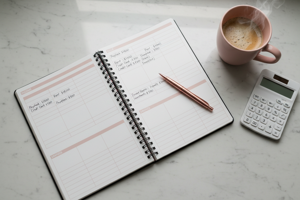 The Money Reset printable budget planner lifestyle flatlay